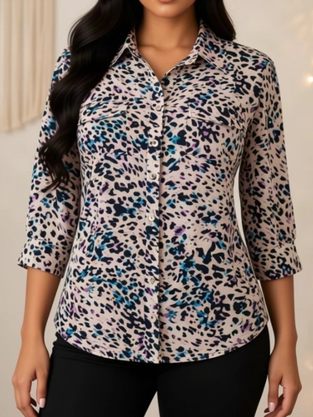 Vintage Elementz Animal Print Button-Up Blouse Top Petite S Retro Y2K Statement